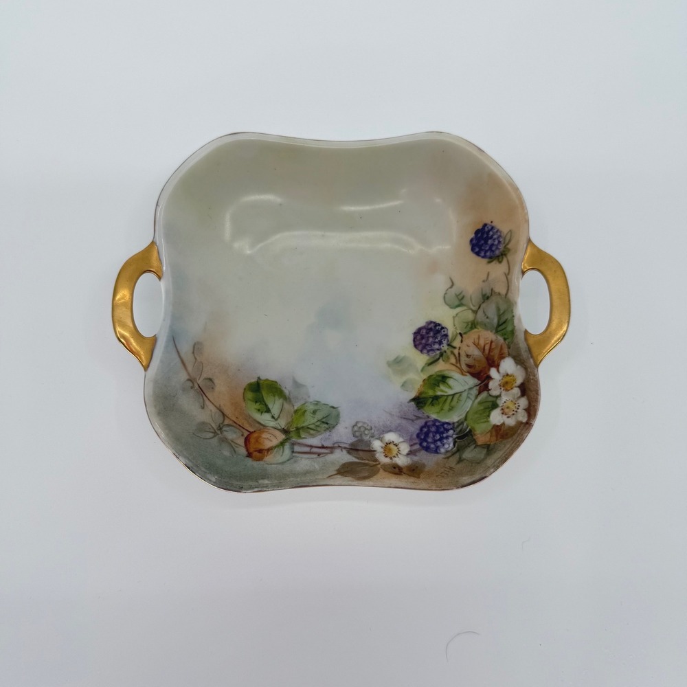 Antique RS Germany Porcelain Handled Vanity Tray Berry Floral Jewelry Dish Tea